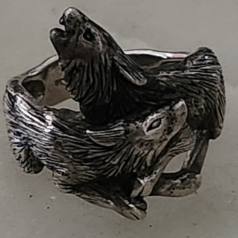 Sterling Silver Double Wolf Pack Design Ring Size 7 - Picture 10 of 15